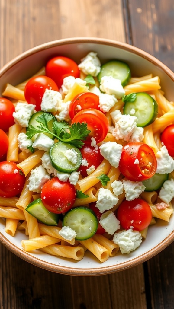 A vibrant Mediterranean feta pasta salad with tomatoes, cucumbers, olives, and feta on a wooden table.
